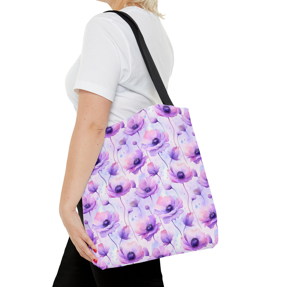 Purple Poppies Floral Pattern, Watercolour, Flowers, Tote Bag (AOP)