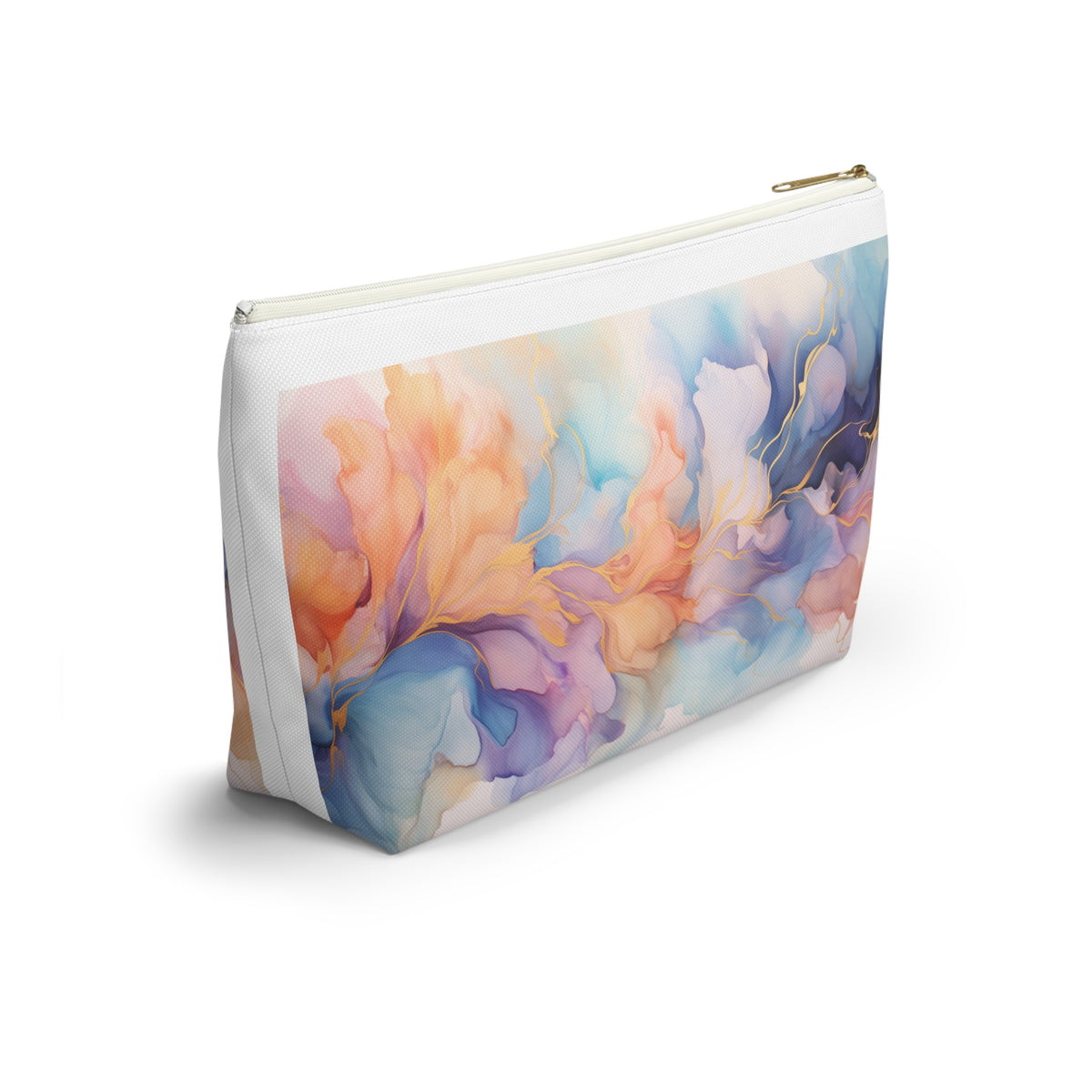 Orchid Purple, Teal Blue, Coral Reef, Watercolour, Gold Streaks, Marbled, Accessory Pouch w T-bottom