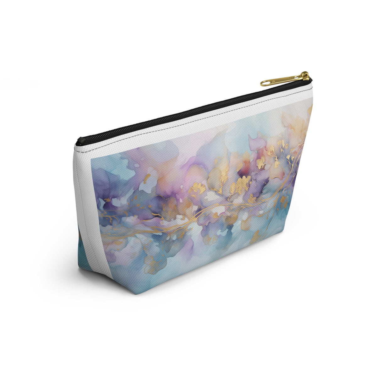 Orchid Purple, Teal Blue, Watercolour, Gold Streaks, Marbled, Accessory Pouch w T-bottom