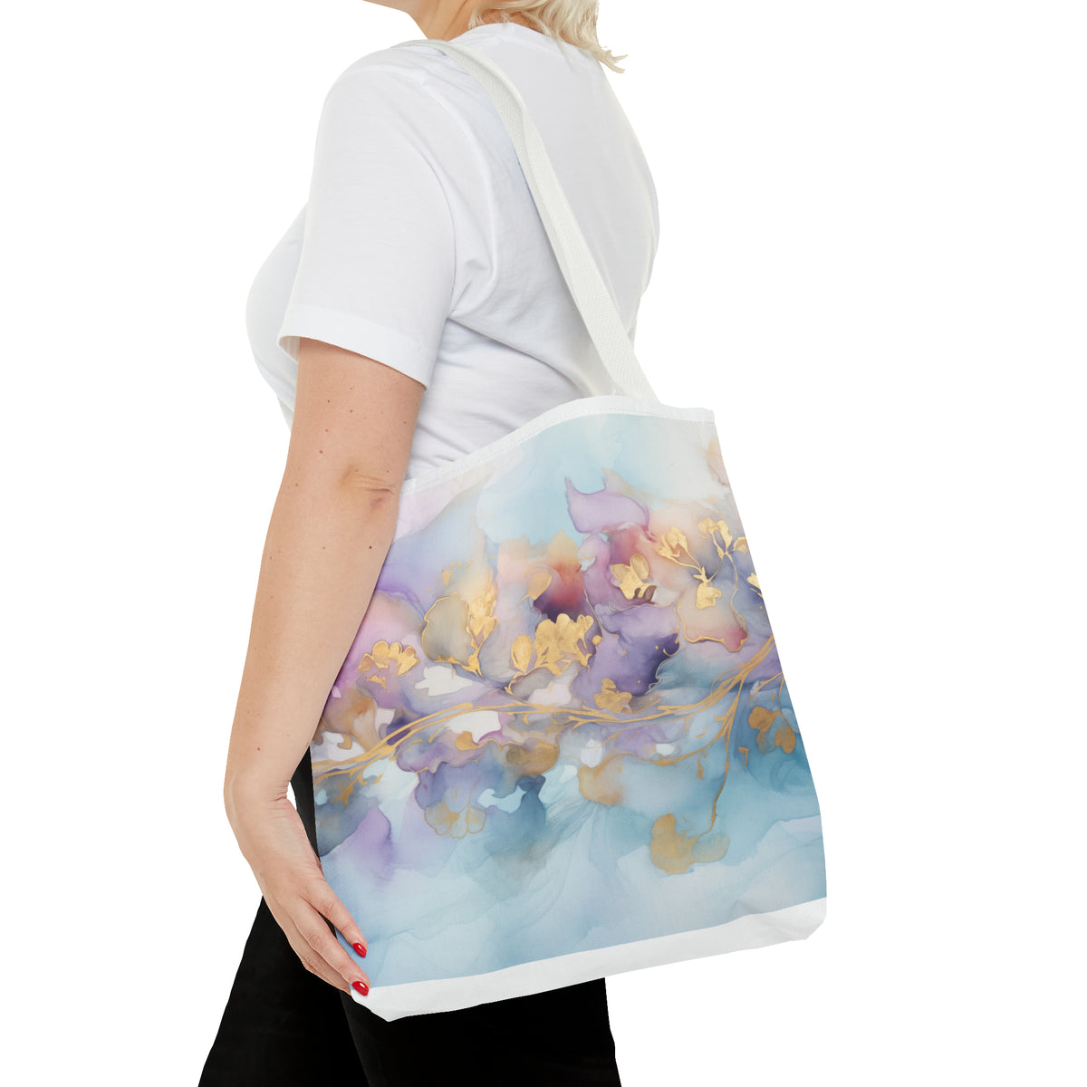 Orchid Purple, Teal Blue, Watercolour, Gold Streaks, Marbled,Tote Bag (AOP)