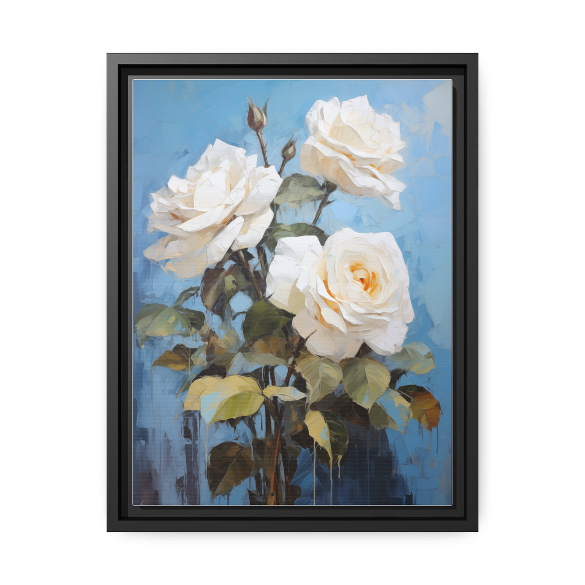 White Rose Flower, Oil Painting, Matte Canvas, Black Frame