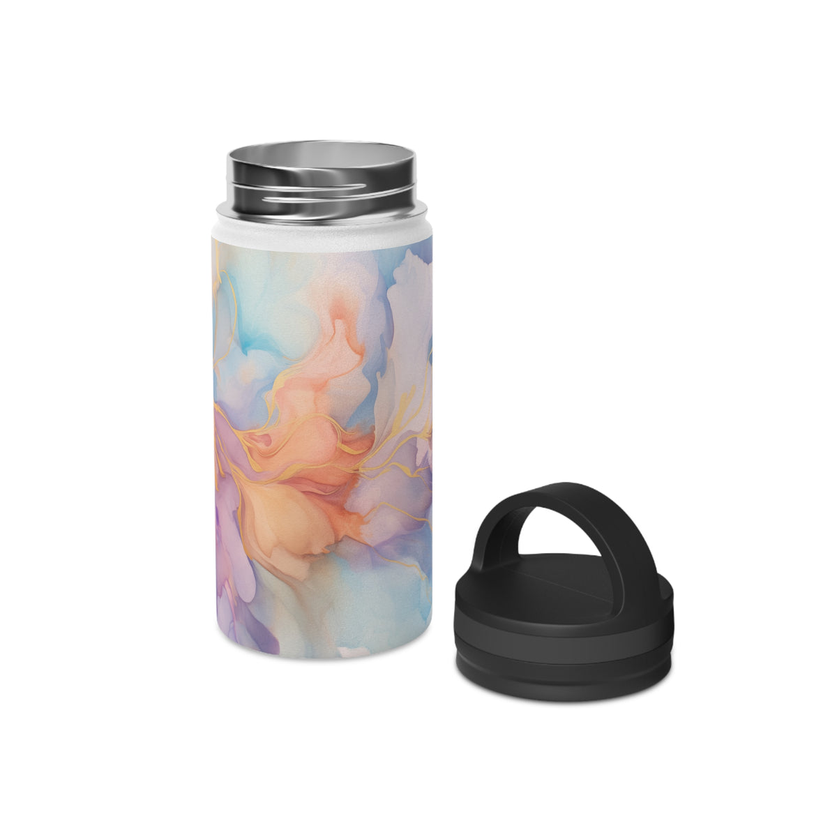 Orchid Purple, Teal Blue, Coral Reef, Watercolour, Gold Streaks, Marbled, Stainless Steel Water Bottle, Handle Lid