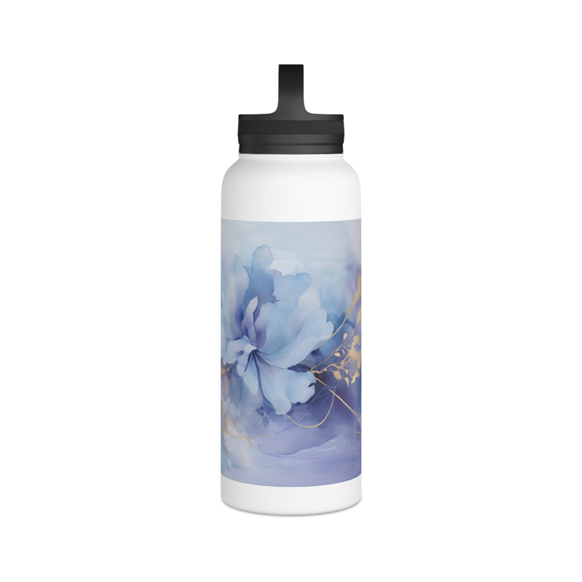 Ultramarine Blue, Payne's Gray, Pale Lavender, Watercolour, Gold Streaks, Marbled, Stainless Steel Water Bottle, Handle Lid