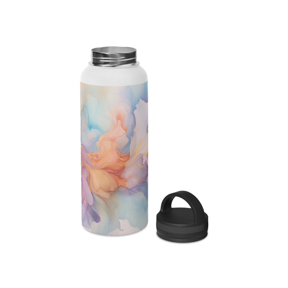 Orchid Purple, Teal Blue, Coral Reef, Watercolour, Gold Streaks, Marbled, Stainless Steel Water Bottle, Handle Lid