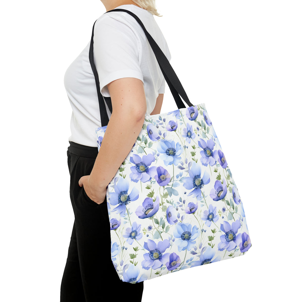 Blue Floral Pattern, Watercolour, Flowers, Tote Bag (AOP)