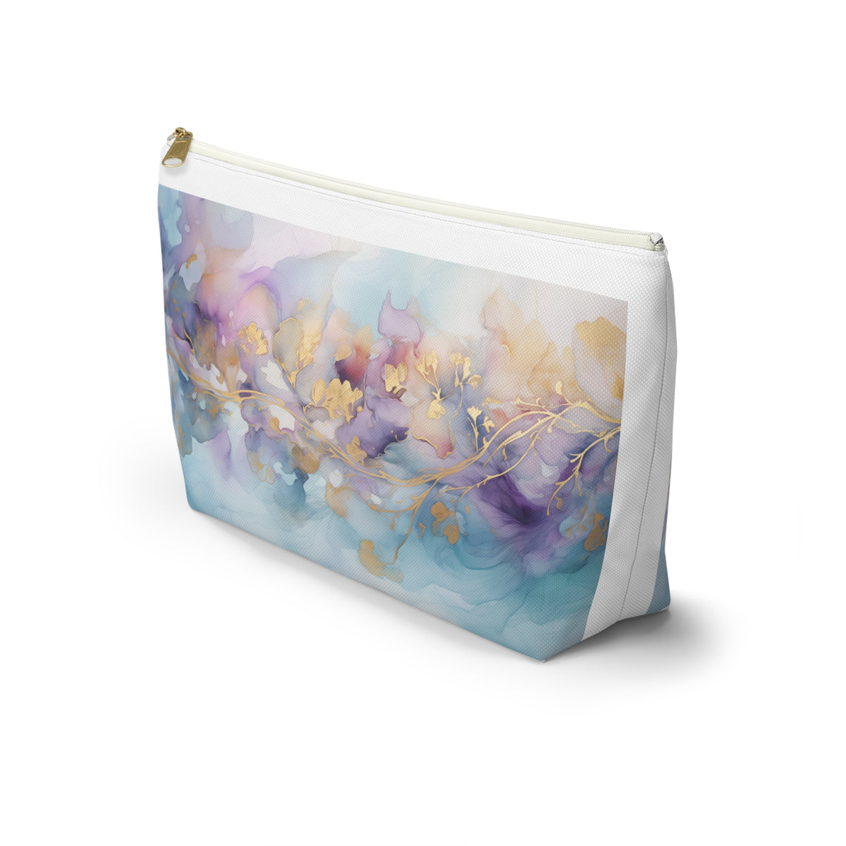 Orchid Purple, Teal Blue, Watercolour, Gold Streaks, Marbled, Accessory Pouch w T-bottom