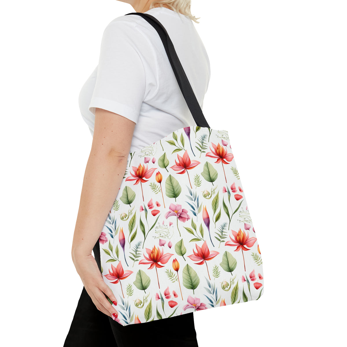 Red Botanicals Floral Pattern, Watercolour, Flowers, Tote Bag (AOP)