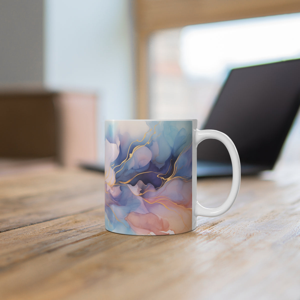 Orchid Purple, Teal Blue, Coral Reef, Watercolour, Gold Streaks, Marbled, Ceramic Coffee Cup, 11oz