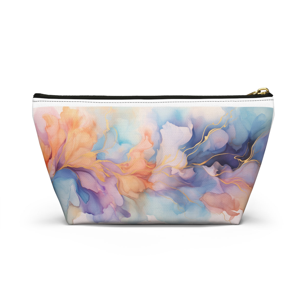 Orchid Purple, Teal Blue, Coral Reef, Watercolour, Gold Streaks, Marbled, Accessory Pouch w T-bottom