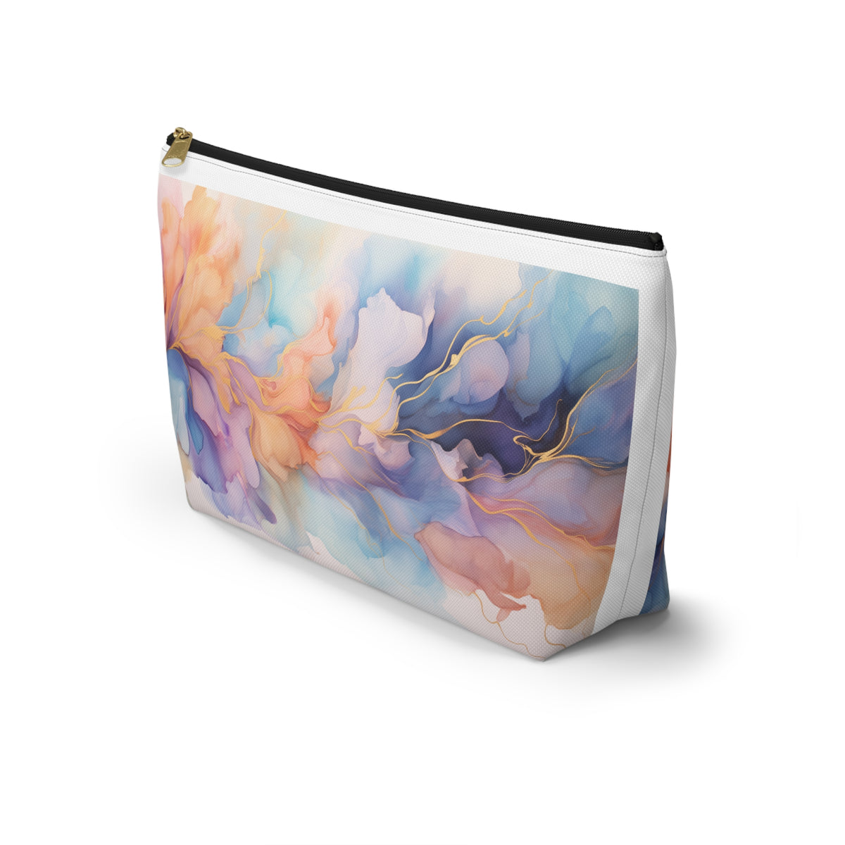 Orchid Purple, Teal Blue, Coral Reef, Watercolour, Gold Streaks, Marbled, Accessory Pouch w T-bottom