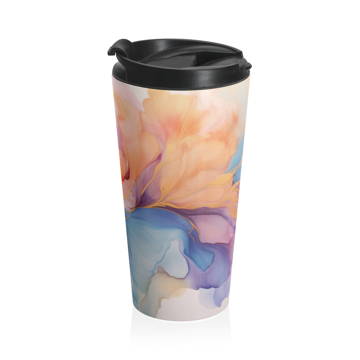 Orchid Purple, Teal Blue, Coral Reef, Watercolour, Gold Streaks, Marbled, Stainless Steel Travel Mug