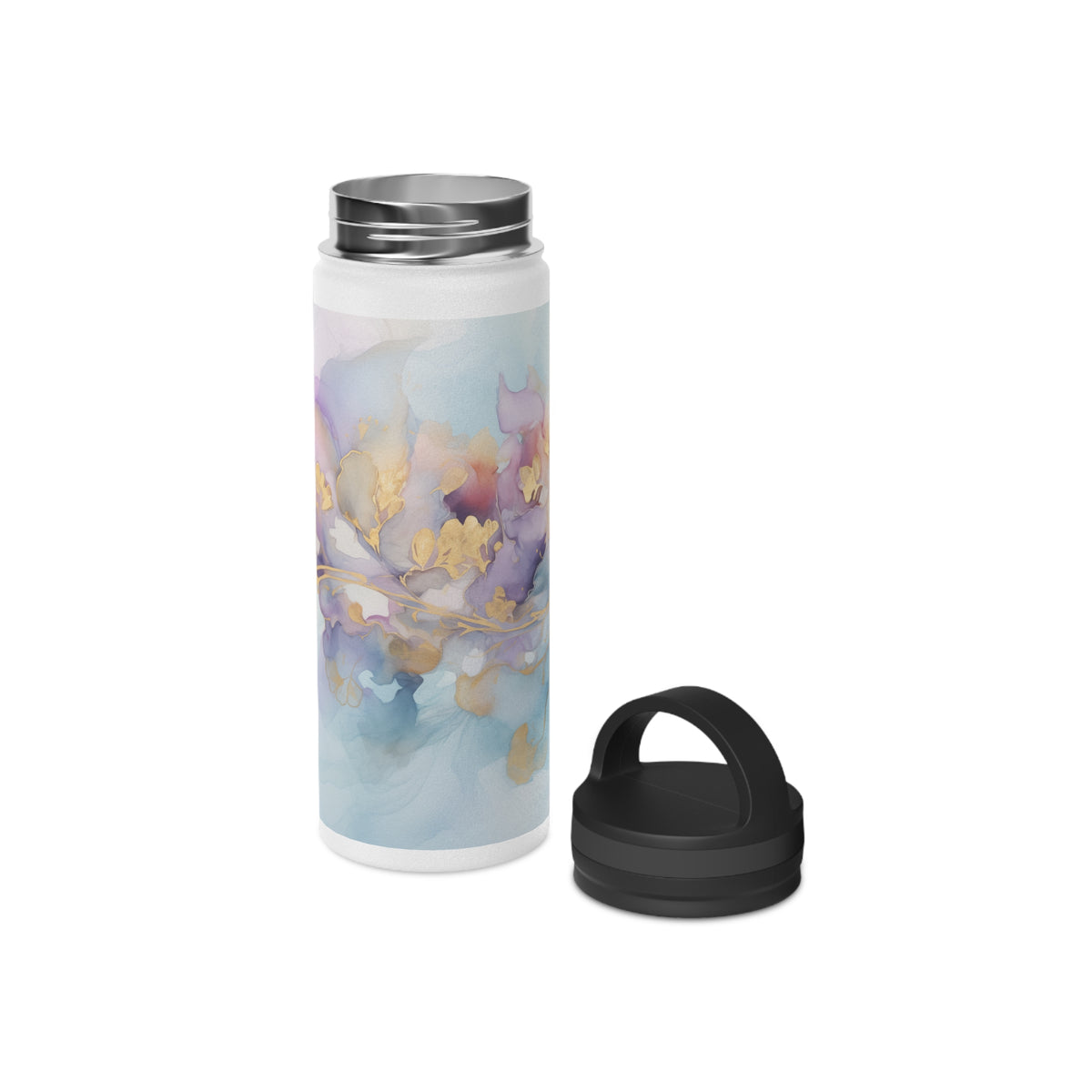 Orchid Purple, Teal Blue, Watercolour, Gold Streaks, Marbled, Stainless Steel Water Bottle, Handle Lid