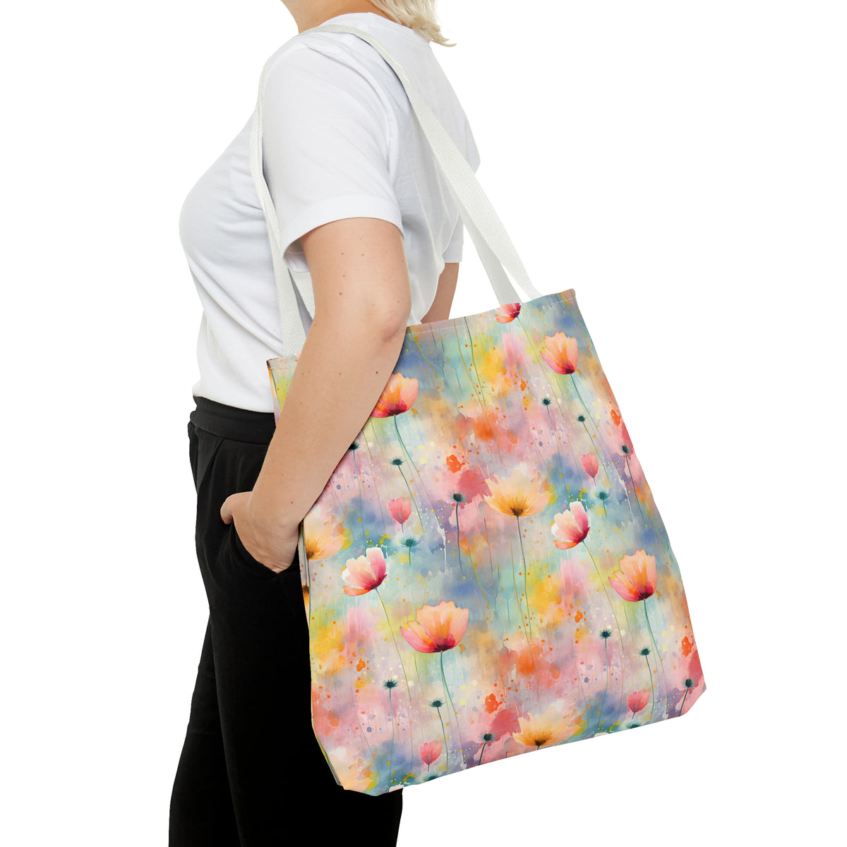 Colorful Floral Pattern, Watercolour, Flowers, Tote Bag (AOP)