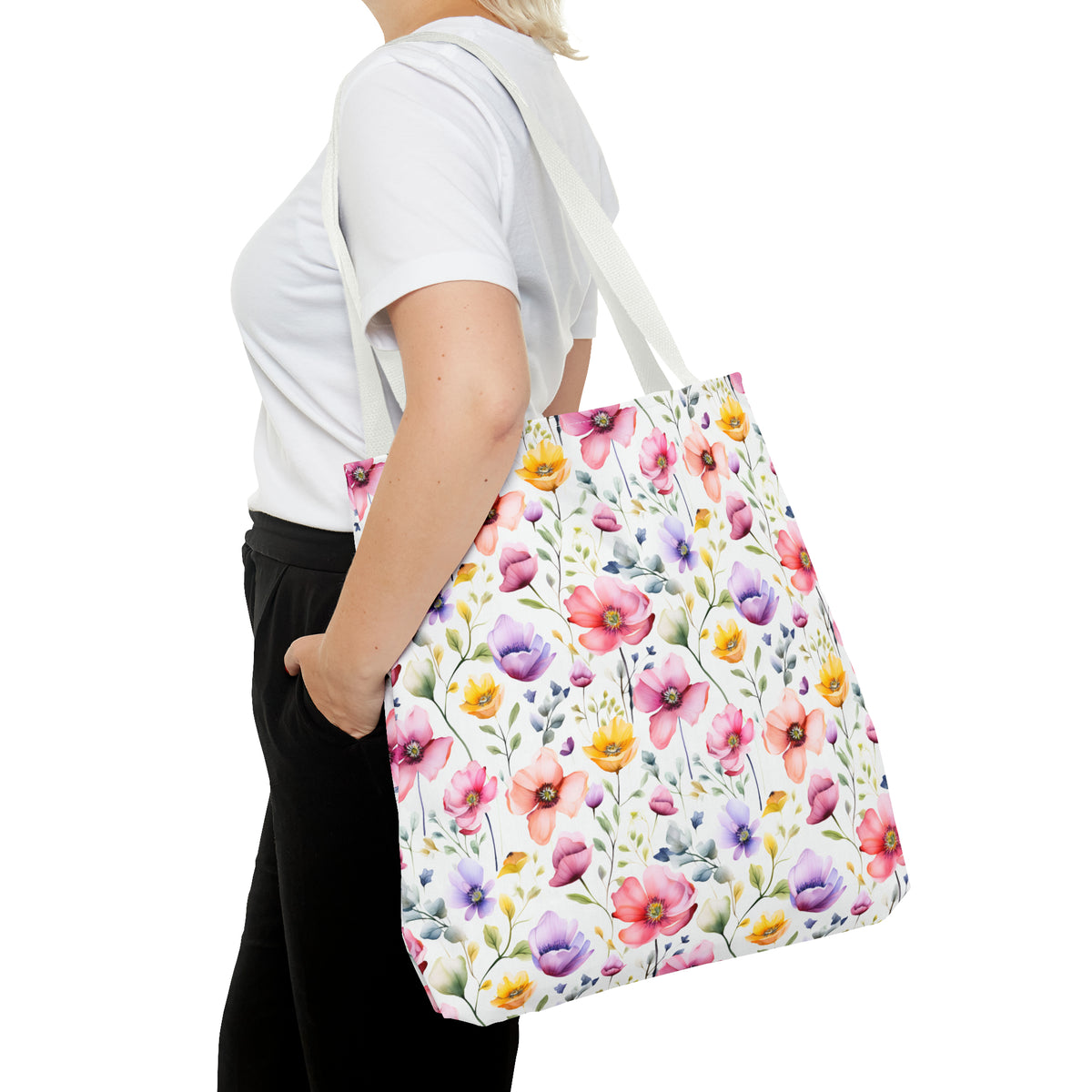 Colorful Floral Pattern, Watercolour, Flowers, Tote Bag (AOP)