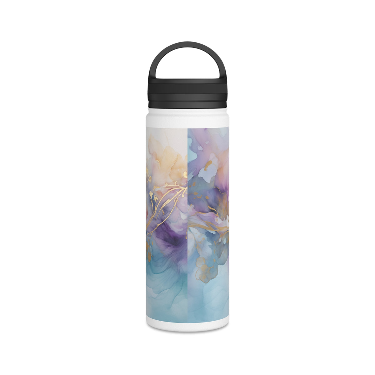 Orchid Purple, Teal Blue, Watercolour, Gold Streaks, Marbled, Stainless Steel Water Bottle, Handle Lid