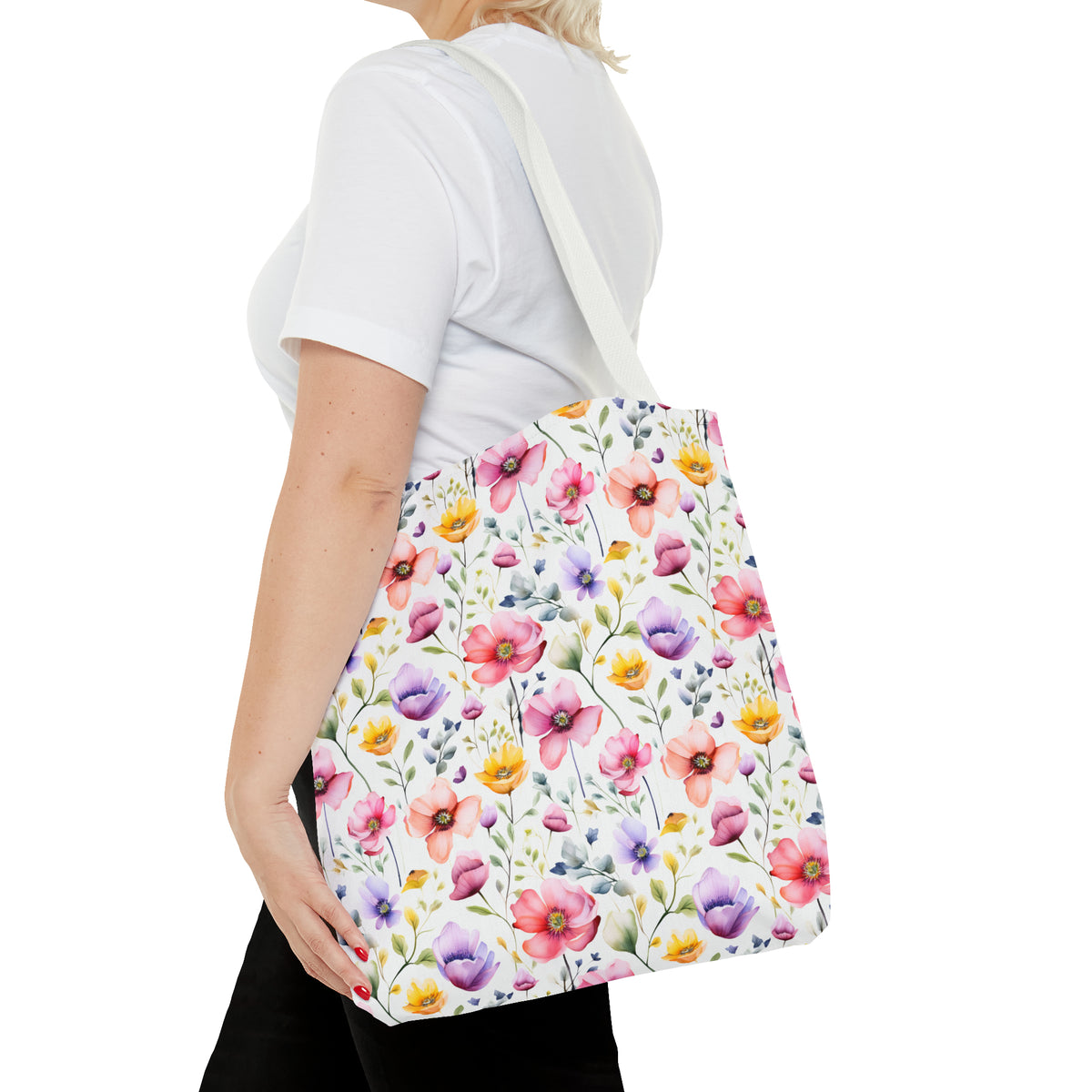 Colorful Floral Pattern, Watercolour, Flowers, Tote Bag (AOP)