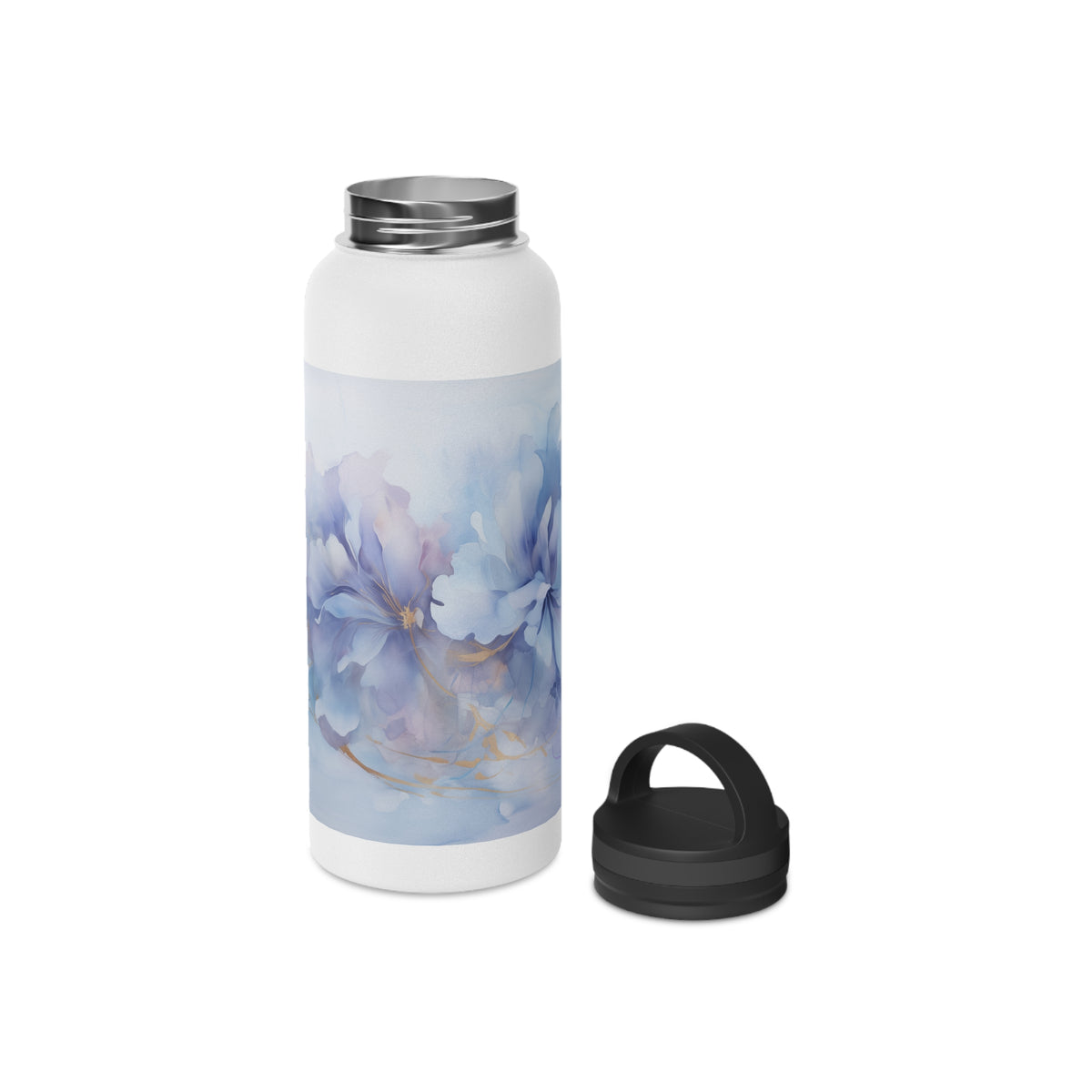 Ultramarine Blue, Payne's Gray, Pale Lavender, Watercolour, Gold Streaks, Marbled, Stainless Steel Water Bottle, Handle Lid