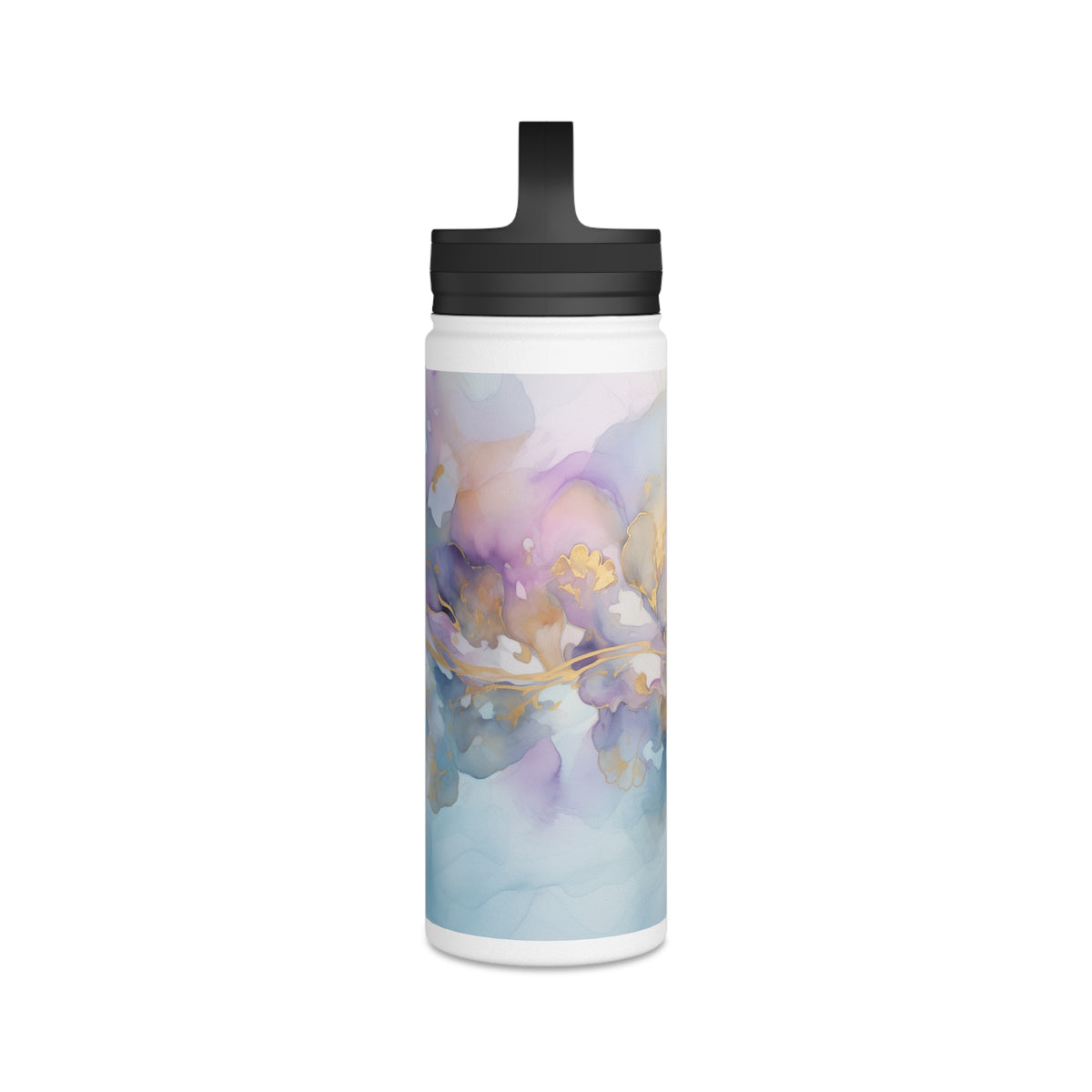 Orchid Purple, Teal Blue, Watercolour, Gold Streaks, Marbled, Stainless Steel Water Bottle, Handle Lid