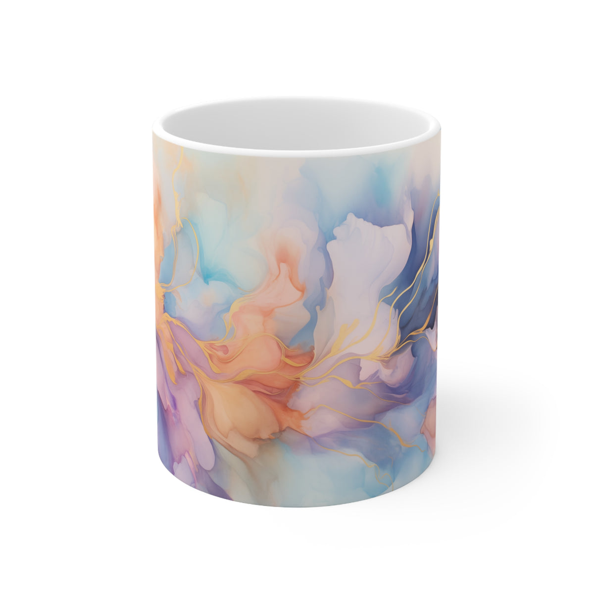 Orchid Purple, Teal Blue, Coral Reef, Watercolour, Gold Streaks, Marbled, Ceramic Coffee Cup, 11oz