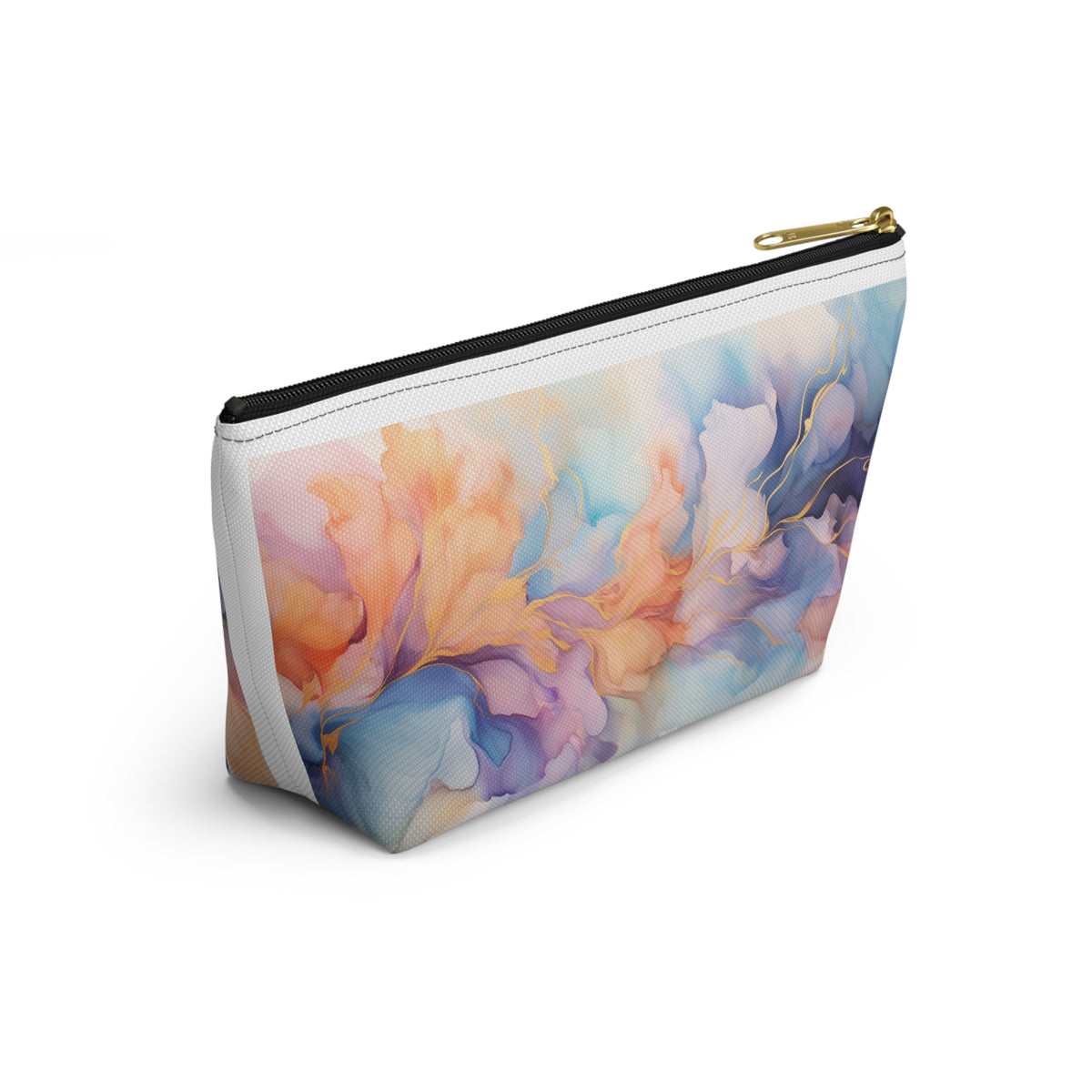 Orchid Purple, Teal Blue, Coral Reef, Watercolour, Gold Streaks, Marbled, Accessory Pouch w T-bottom