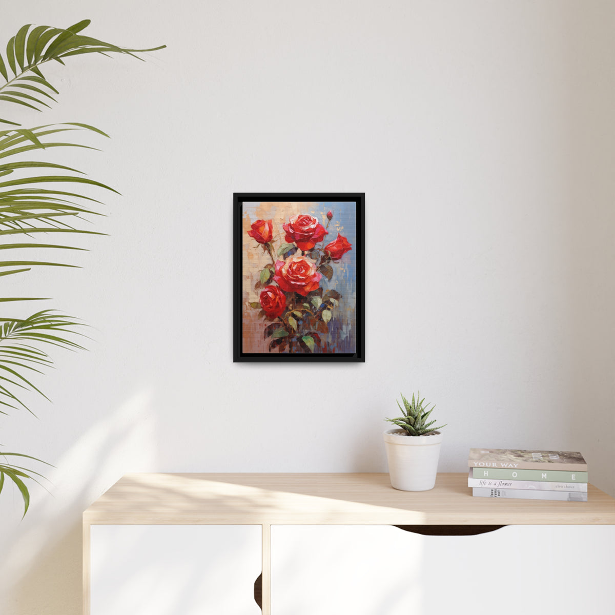 Red Rose Flower, Oil Painting, Matte Canvas, Black Frame