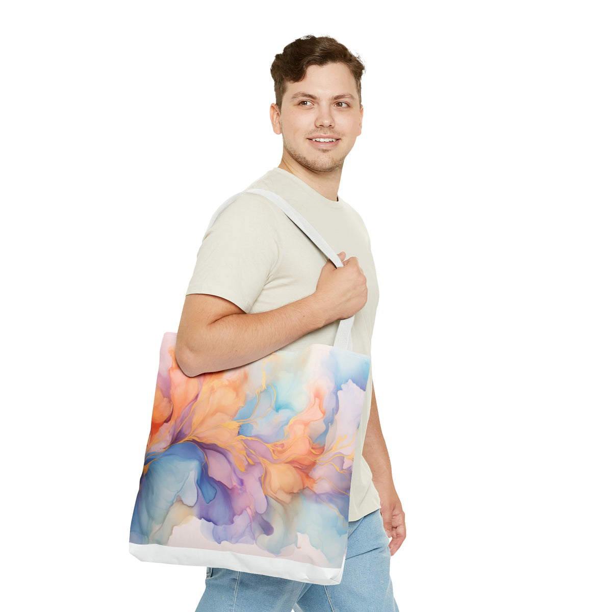 Orchid Purple, Teal Blue, Coral Reef, Watercolour, Gold Streaks, Marbled, Tote Bag (AOP)