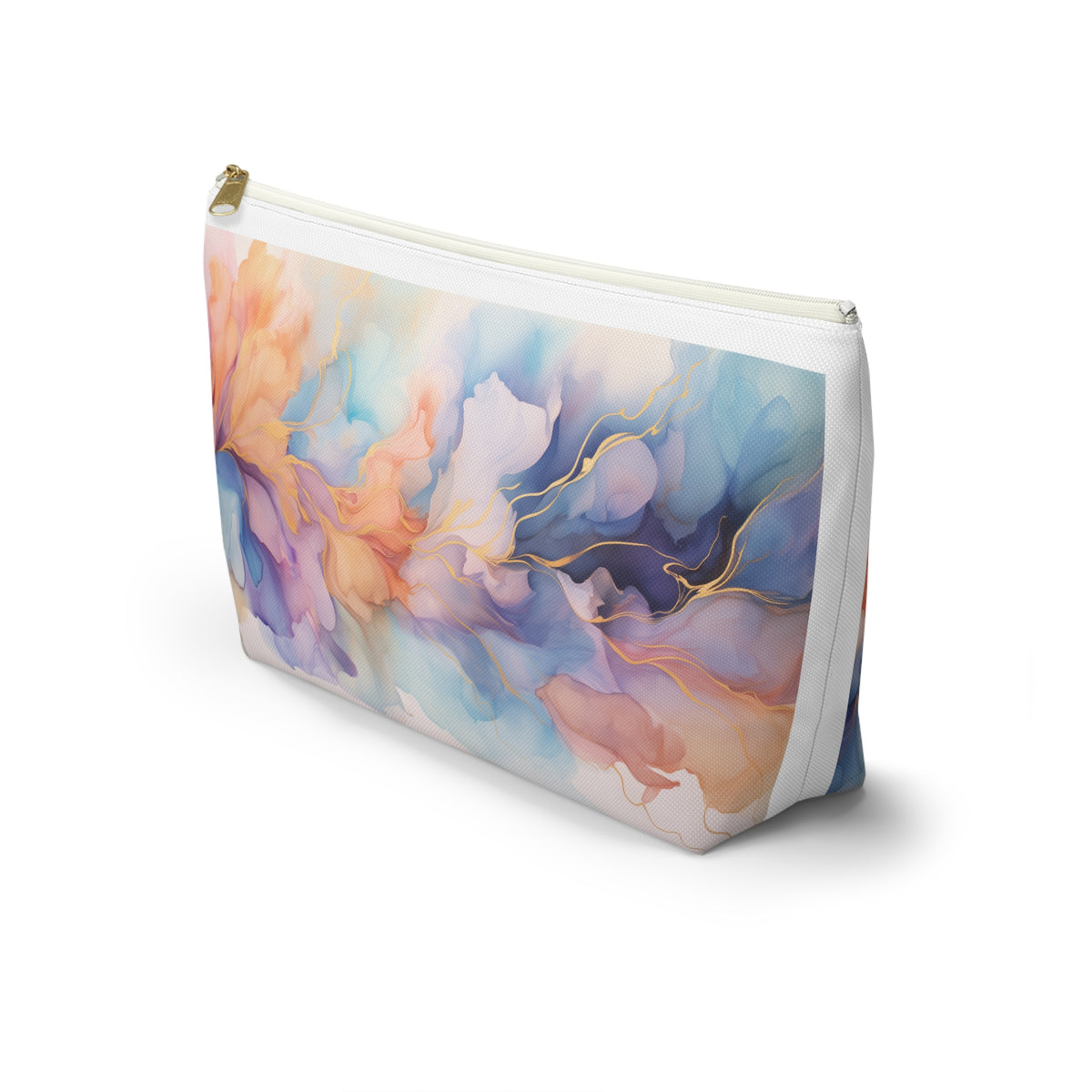 Orchid Purple, Teal Blue, Coral Reef, Watercolour, Gold Streaks, Marbled, Accessory Pouch w T-bottom