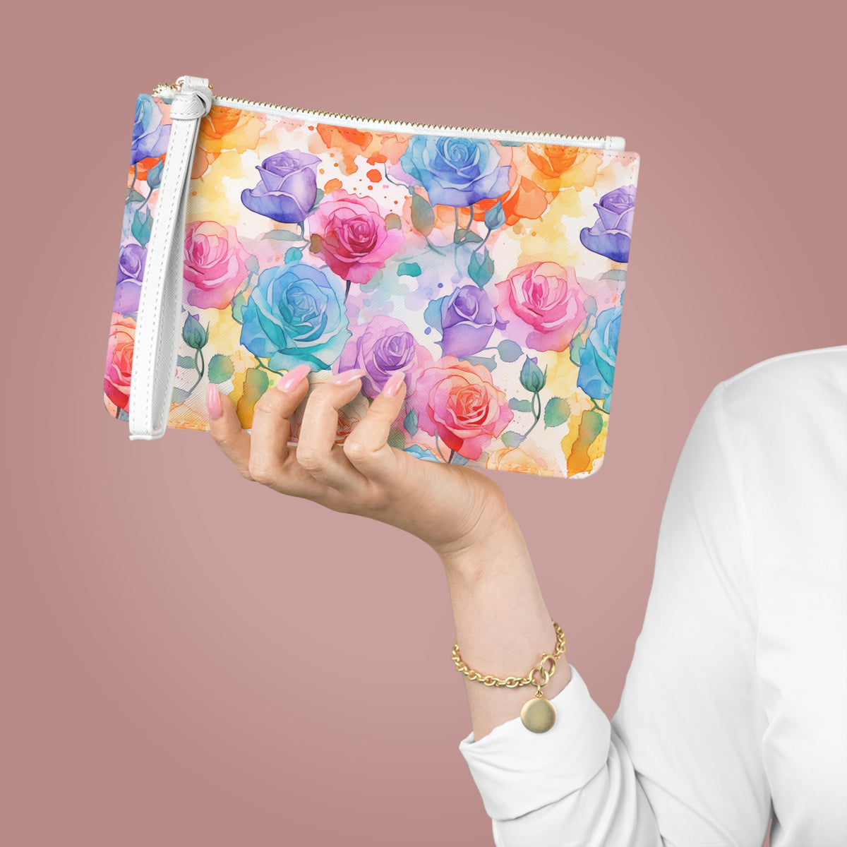 Colour Roses Floral Pattern, Watercolour, Flowers, Clutch Bag