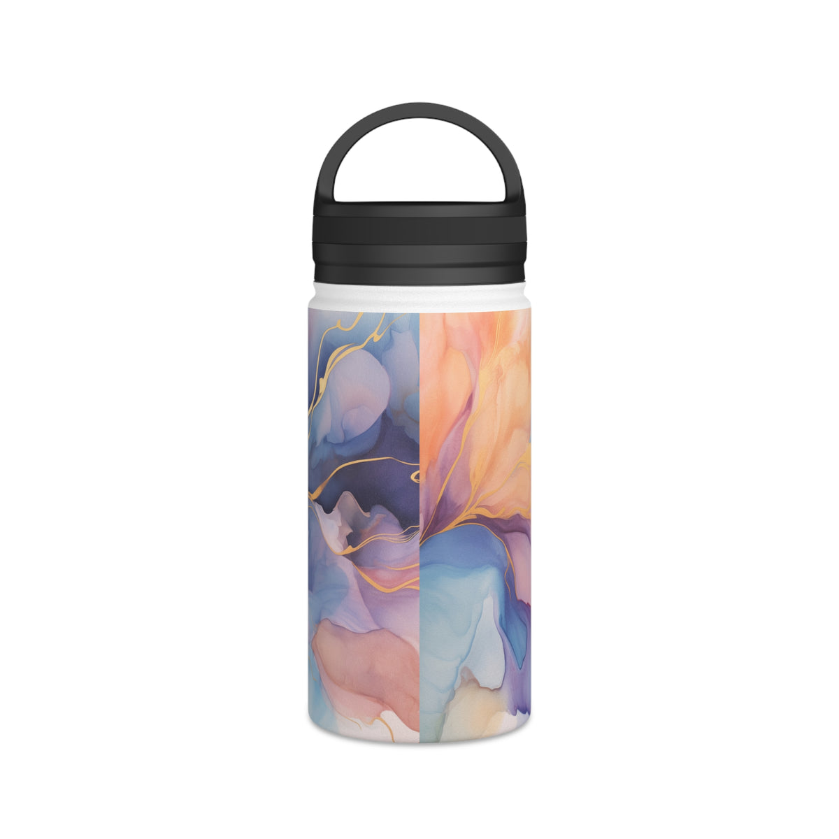 Orchid Purple, Teal Blue, Coral Reef, Watercolour, Gold Streaks, Marbled, Stainless Steel Water Bottle, Handle Lid