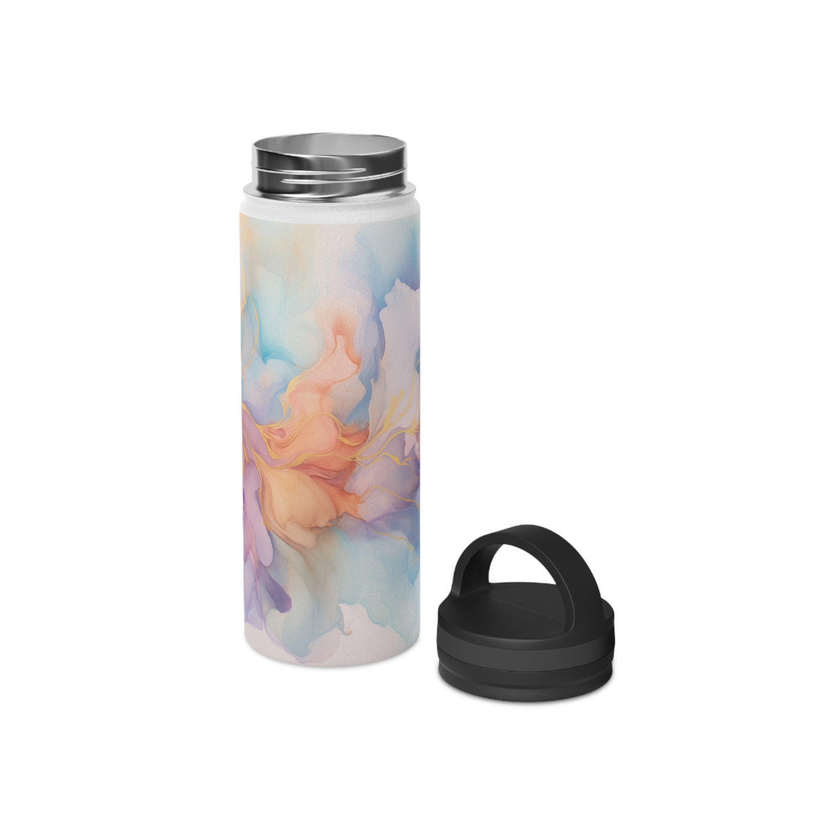 Orchid Purple, Teal Blue, Coral Reef, Watercolour, Gold Streaks, Marbled, Stainless Steel Water Bottle, Handle Lid