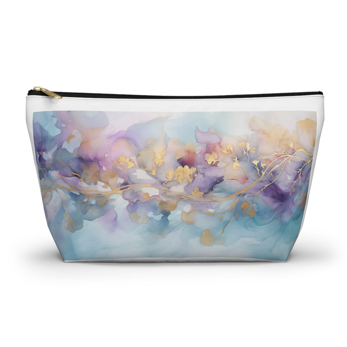 Orchid Purple, Teal Blue, Watercolour, Gold Streaks, Marbled, Accessory Pouch w T-bottom