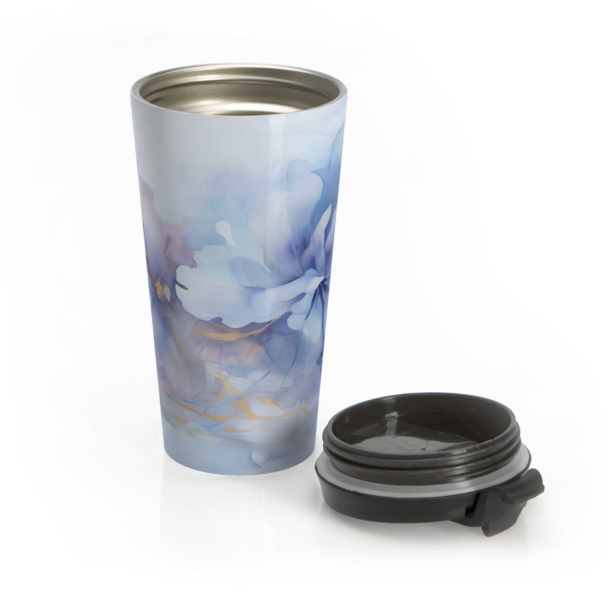 Ultramarine Blue, Payne's Gray, Pale Lavender, Watercolour, Gold Streaks, Marbled, Stainless Steel Travel Mug