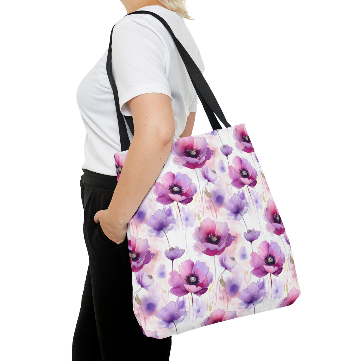 Purple Poppies Floral Pattern, Watercolour, Flowers, Tote Bag (AOP)