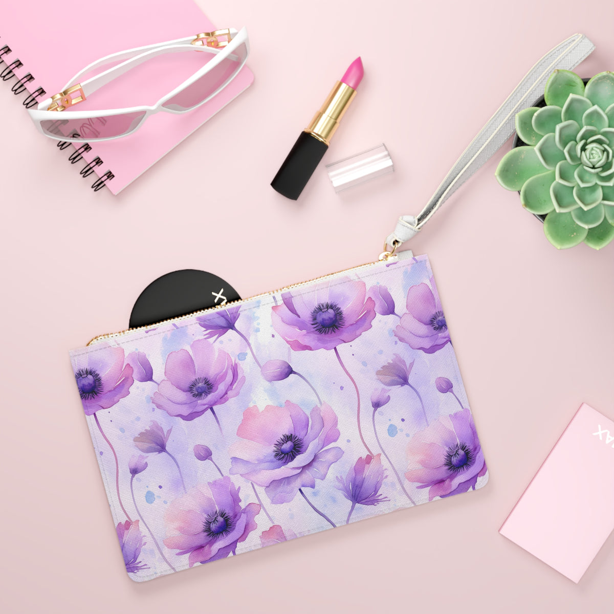 Purple Poppies Floral Pattern, Watercolour, Flowers, Clutch Bag