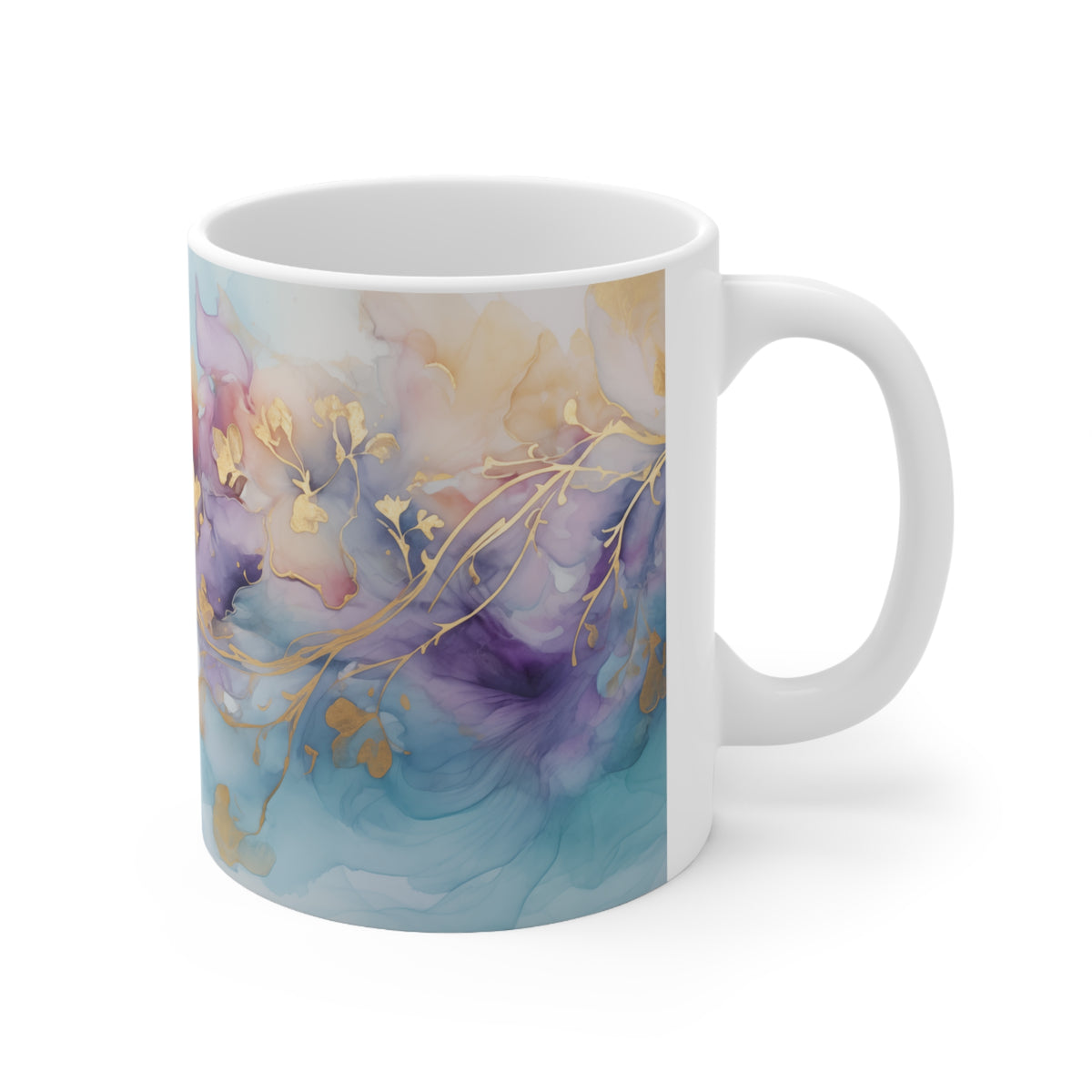 Orchid Purple, Teal Blue, Watercolour, Gold Streaks, Marbled, Ceramic Coffee Cups, 11oz, 15oz