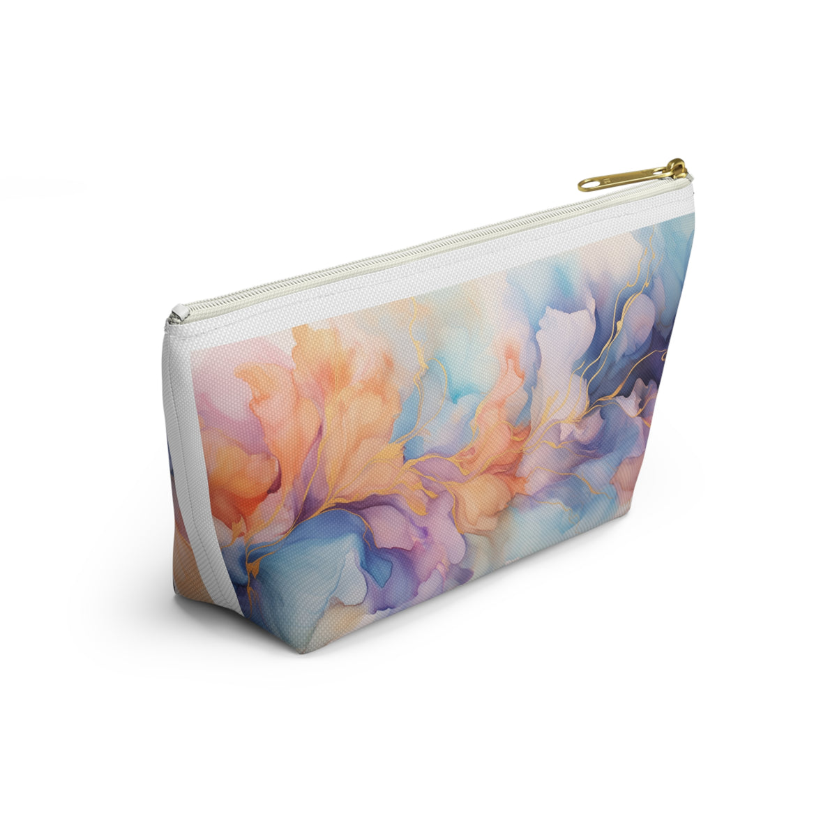 Orchid Purple, Teal Blue, Coral Reef, Watercolour, Gold Streaks, Marbled, Accessory Pouch w T-bottom