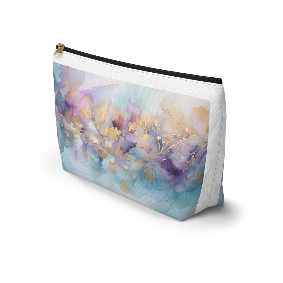 Orchid Purple, Teal Blue, Watercolour, Gold Streaks, Marbled, Accessory Pouch w T-bottom