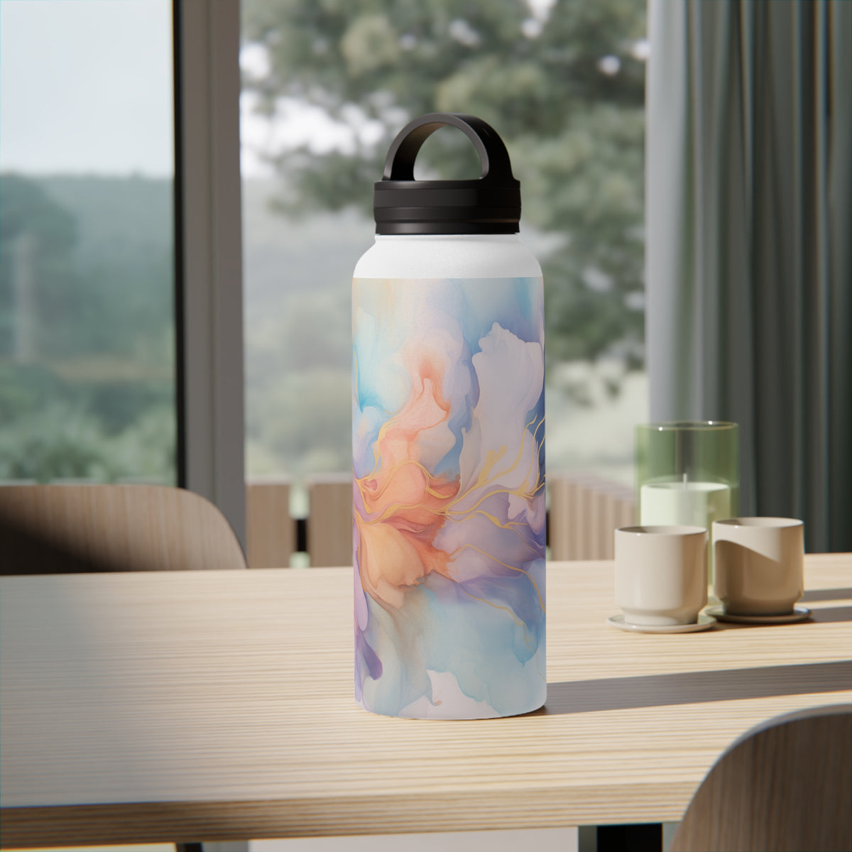 Orchid Purple, Teal Blue, Coral Reef, Watercolour, Gold Streaks, Marbled, Stainless Steel Water Bottle, Handle Lid