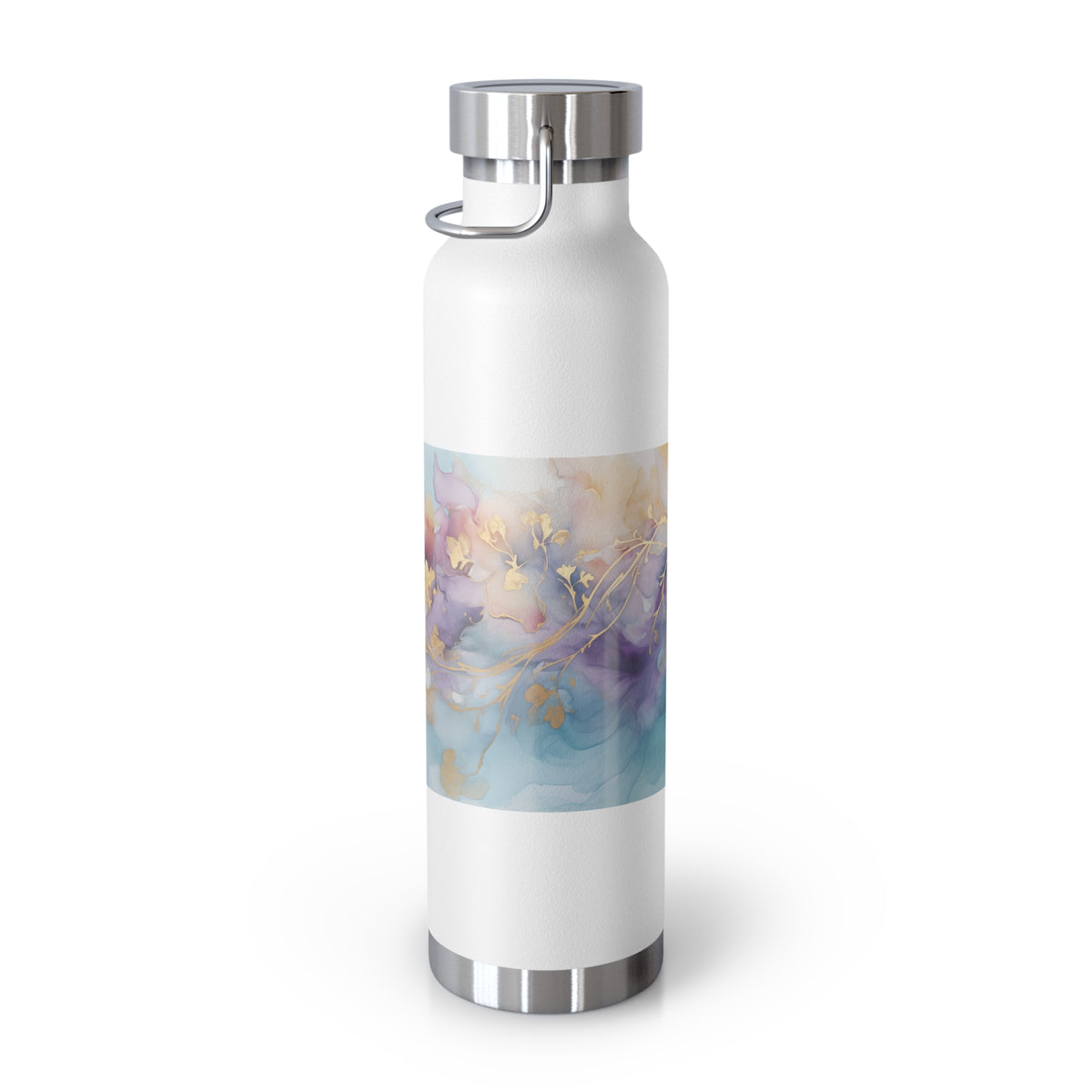 Orchid Purple, Teal Blue, Watercolour, Gold Streaks, Marbled, Copper Vacuum Insulated Bottle, 22oz