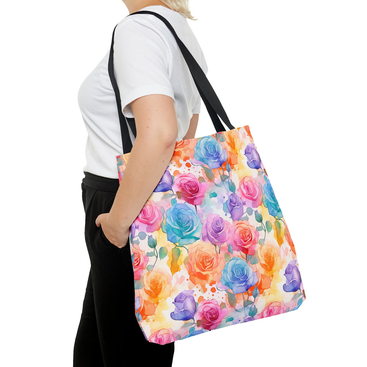 Colorful Roses Floral Pattern, Watercolour, Flowers, Tote Bag (AOP)