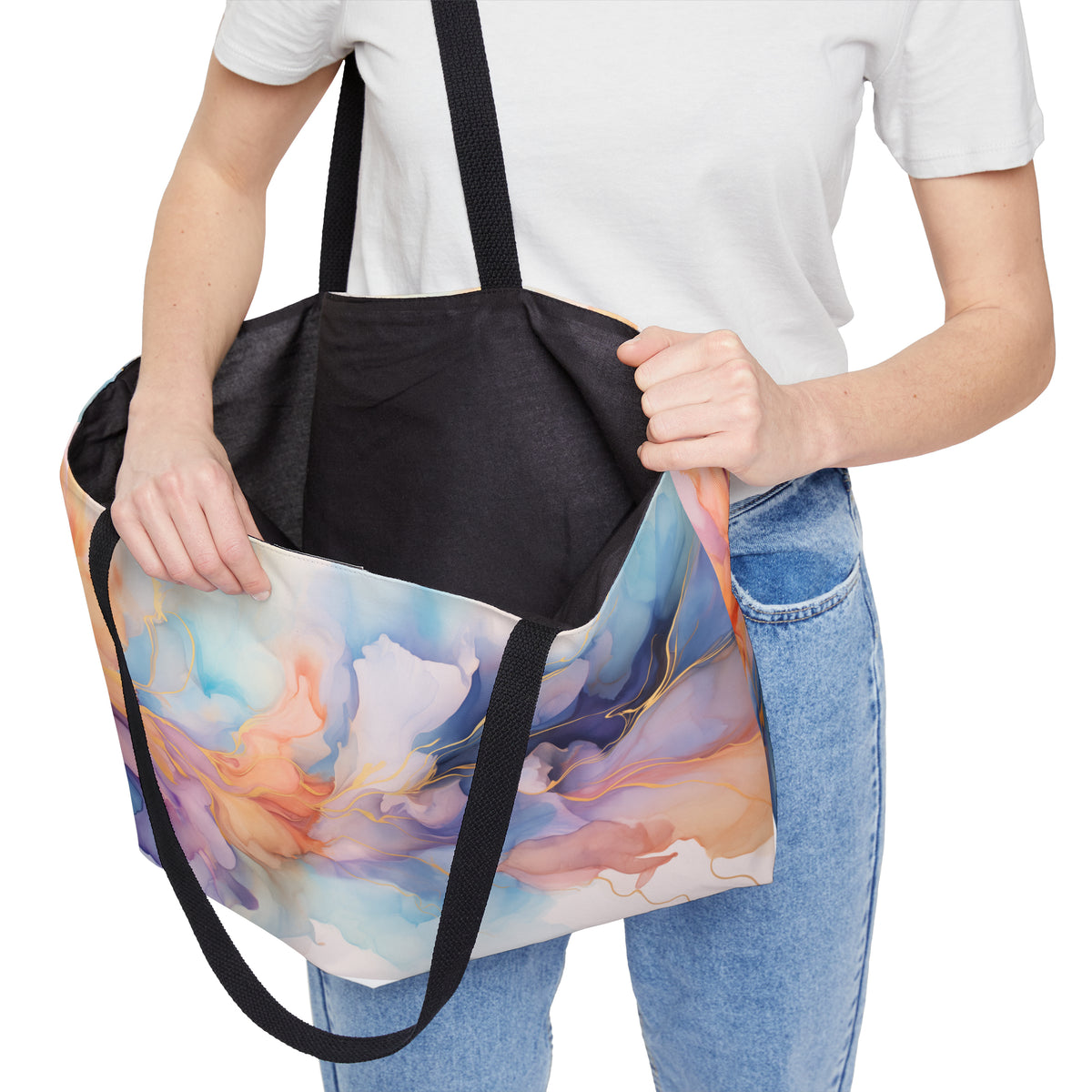 Orchid Purple, Teal Blue, Coral Reef, Watercolour, Gold Streaks, Marbled, Weekender Tote Bag