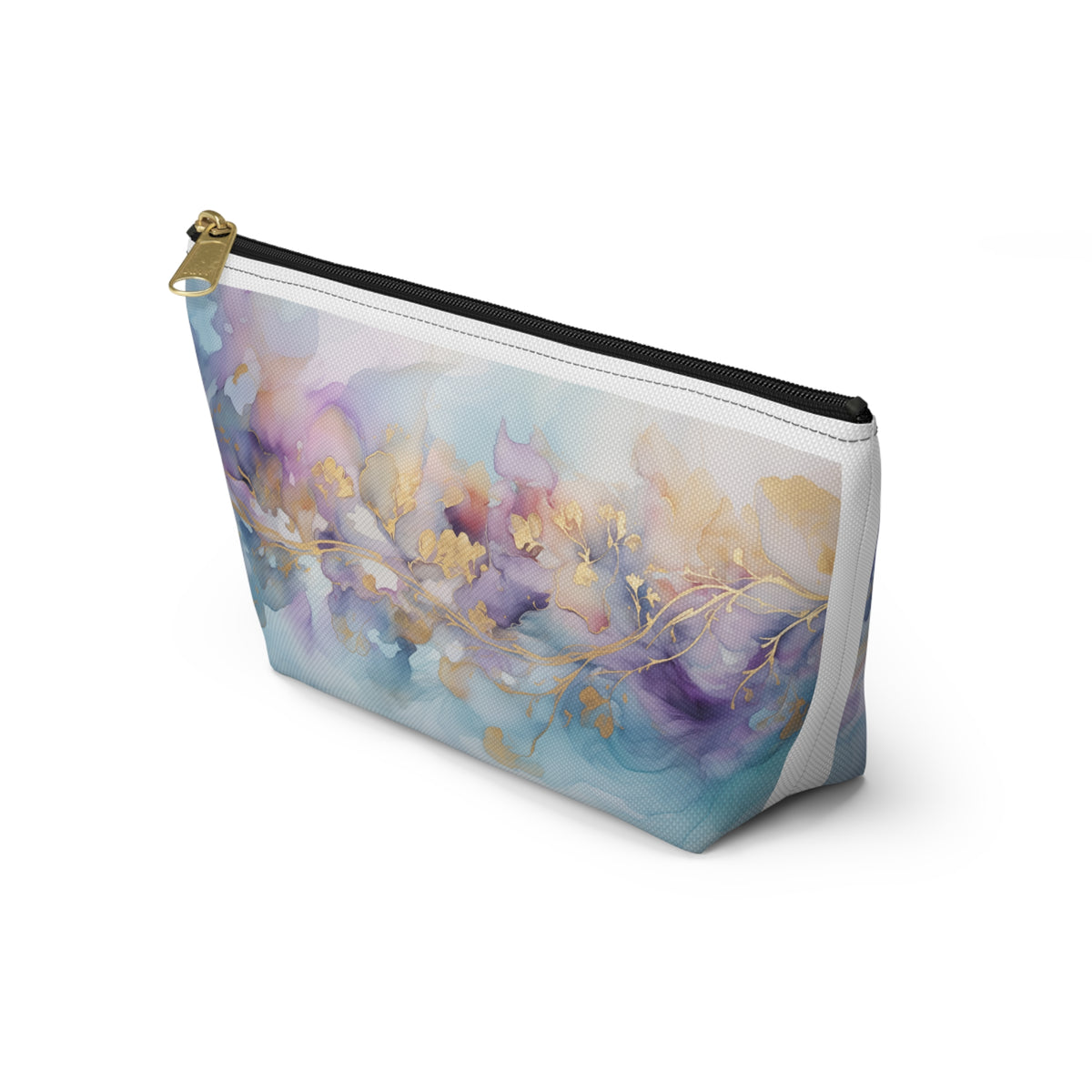 Orchid Purple, Teal Blue, Watercolour, Gold Streaks, Marbled, Accessory Pouch w T-bottom