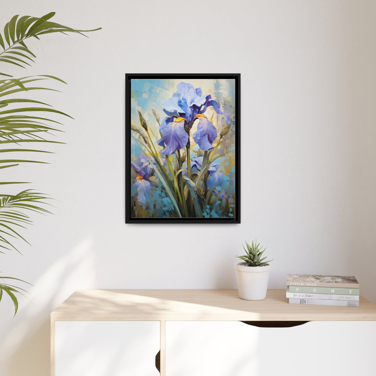 Blue Iris Flower, Oil Painting, Matte Canvas, Black Frame