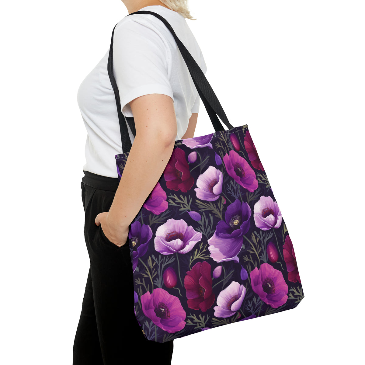 Purple Poppies Floral Pattern, Watercolour, Flowers, Tote Bag (AOP)