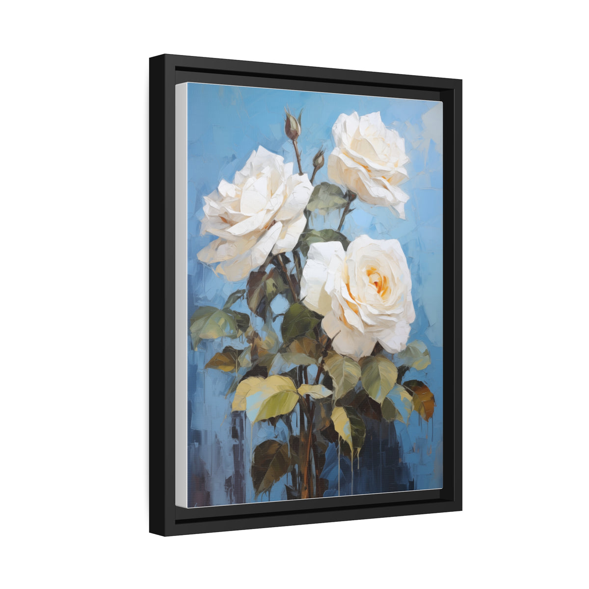 White Rose Flower, Oil Painting, Matte Canvas, Black Frame